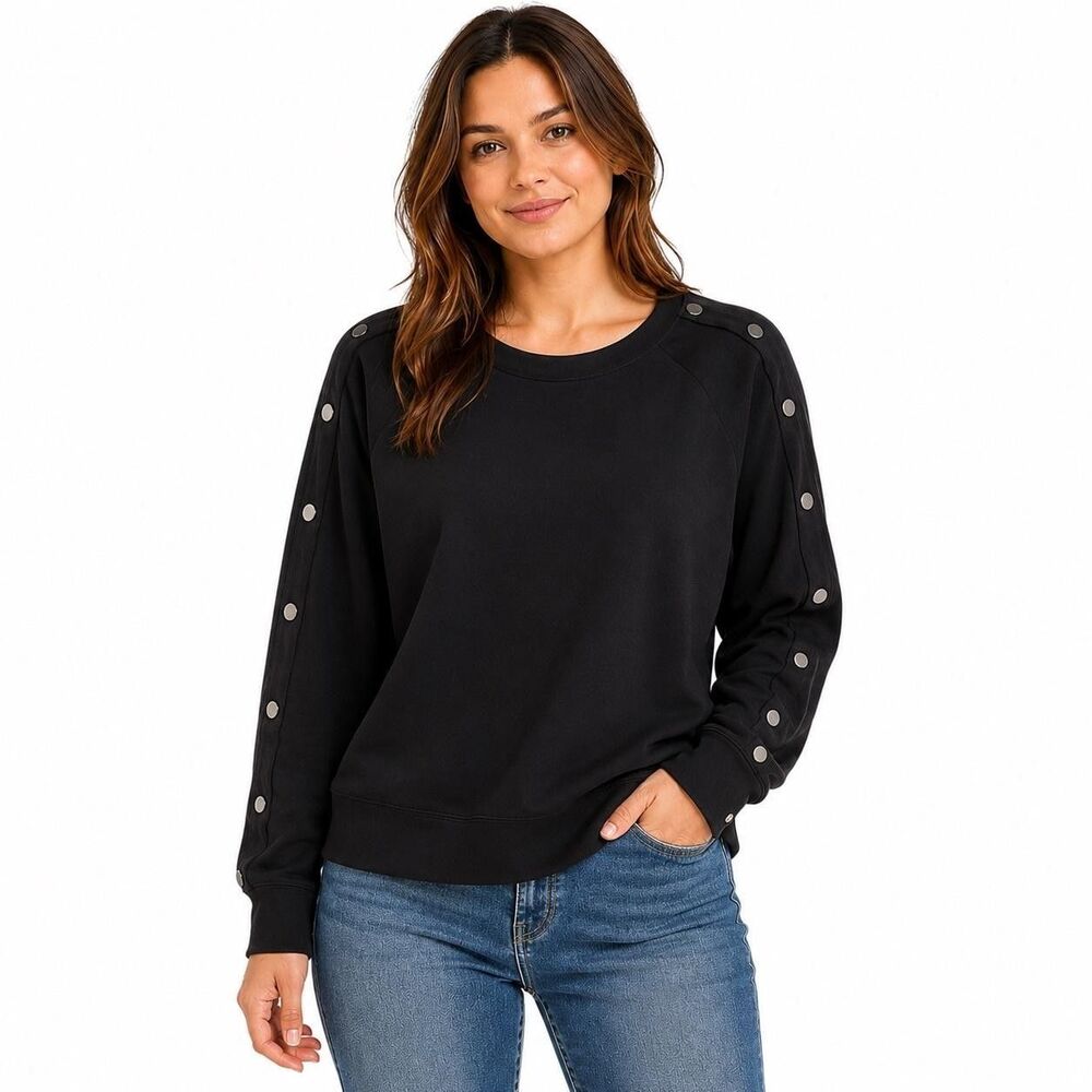 CAbi Shirt Womens XS Black Snap Button Raglan Crew Neck Long Sleeve Knit Top